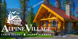 Alpine village logo with a stunning cabin behind it