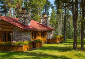 A long, rustic cabin at Alpine Village featuring two large, prominent stone chimneys and a red roof. Bright colour flowers fill large wooden planter boxes that line the base of the cabin. The building is surrounded by green grass and sits at the edge of a dense forest.