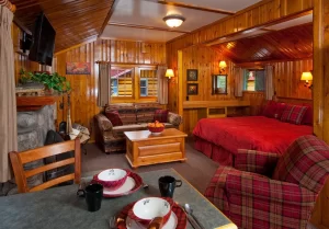 Interior of a Heritage One Room Cabin at Alpine Village, featuring warm wood-paneled walls and ceilings. The open-concept space in this image includes a stone fireplace with a mounted TV, a patterned sofa, a bed with a red quilt, and a red plaid armchair. In the foreground, a dining table is set with plaid-patterned bowls and black mugs.