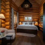Bedroom, chair, and fireplace of the Executive One Bedroom Cabin